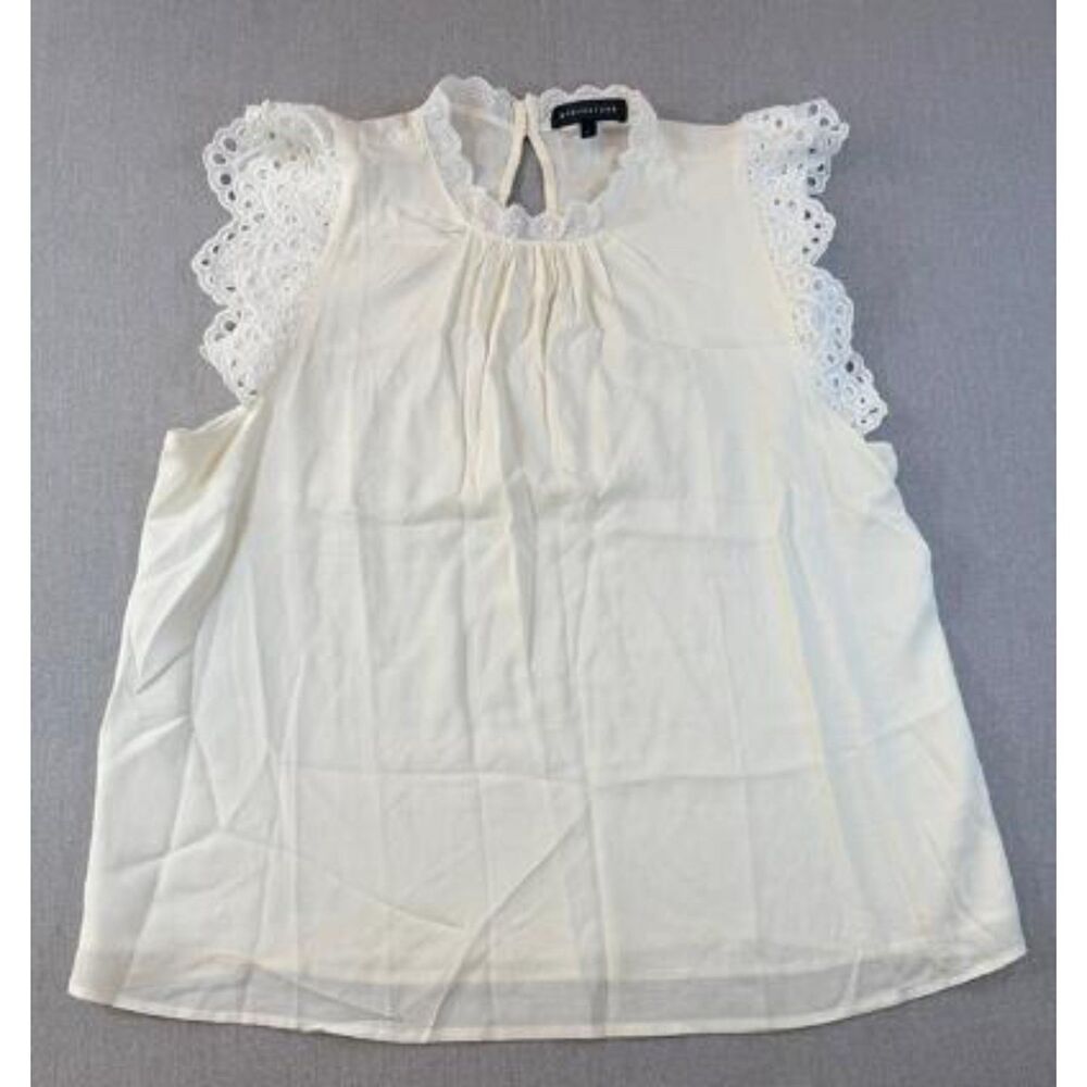 Gibsonlook Women's Ivory Eyelet Lace Flutter Sleeve Mock Neck Blouse size L